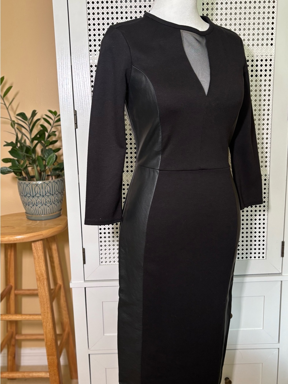 Nicole Black Long-Sleeve Sheath Dress with Faux-Leather Panels